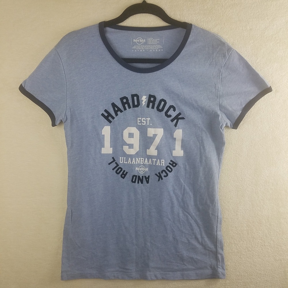 Hard Rock Cafe Ulaanbaatar Ringer T-Shirt Mens‎ Large Blue Graphic Tee 1971 Rock